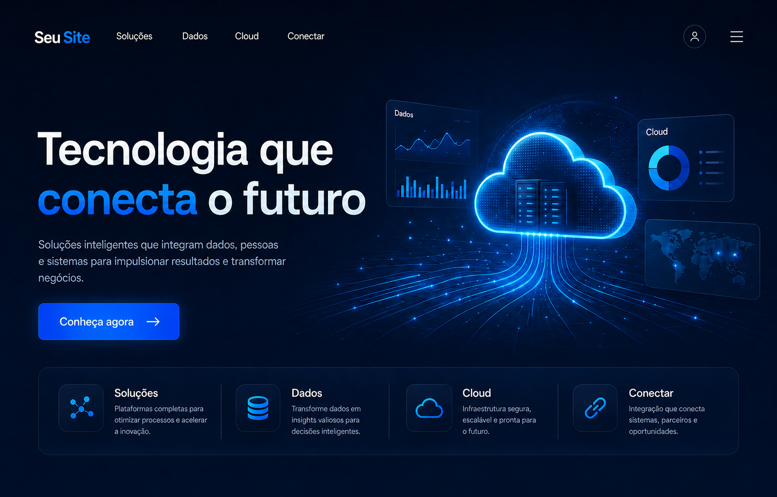 Modelo ilustrativo de um site moderno de tecnologia chamado Seu Site